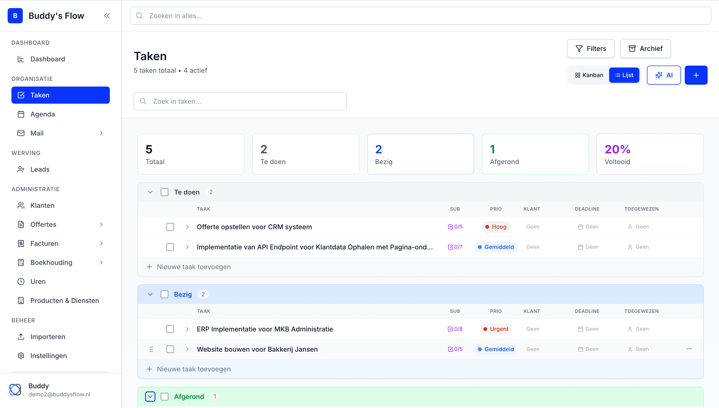 Buddy's Flow Taakbeheer - Kanban Board interface